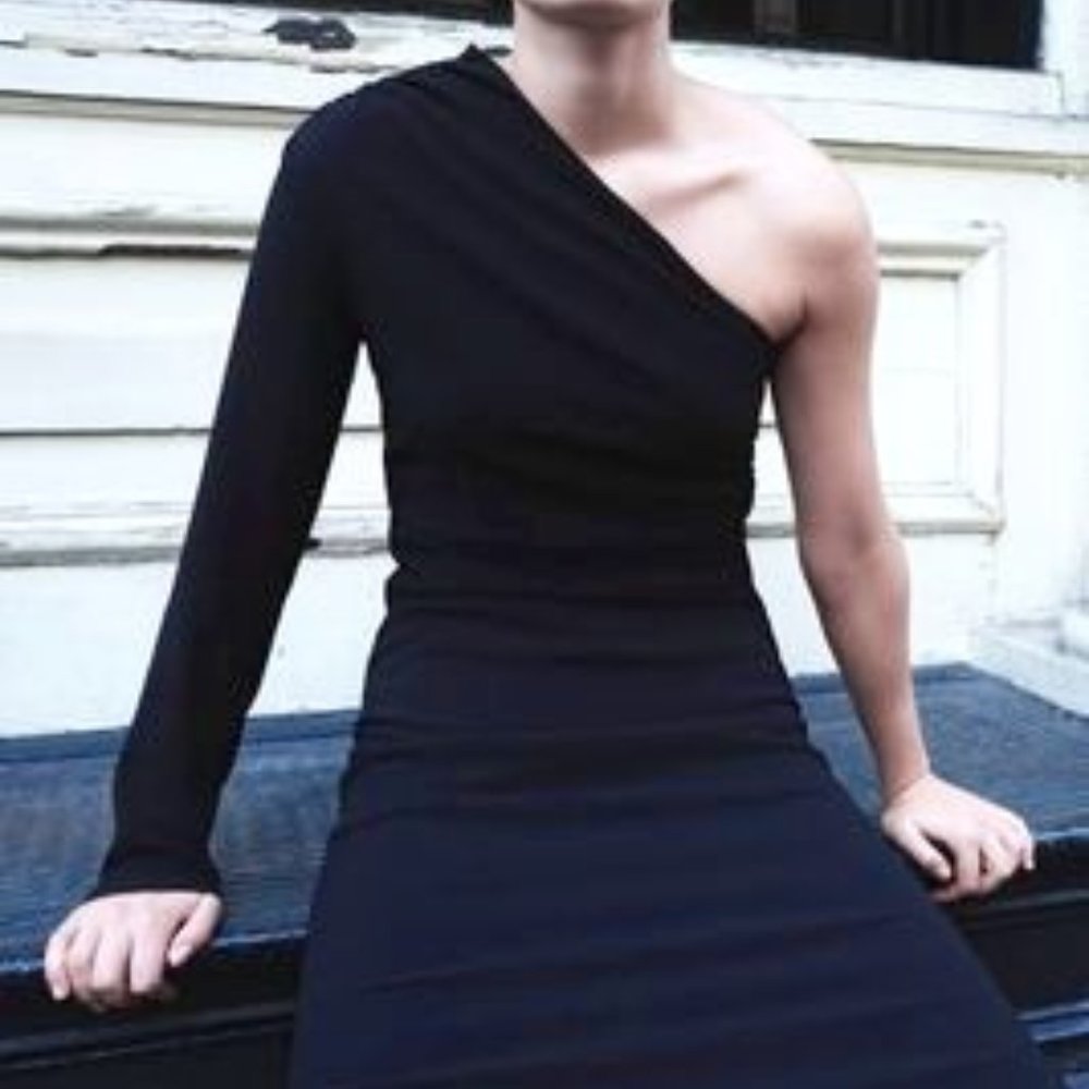 NWT Zara Asymmetric One-Shoulder Stretch Midi Dress - Sz Small - Black